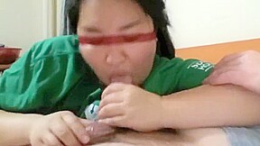 Asian COCKSUCKER throats and swallows a huge load before bed