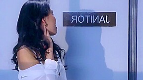 Asian business woman is bored during meeting, fucks janito