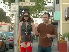 Blindfolded slave walked in public