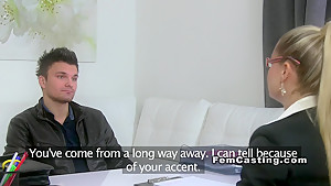 Blonde female agent in stockings sucks and fucks