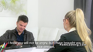 Blonde female agent in stockings sucks and fucks