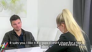 Blonde female agent in stockings sucks and fucks