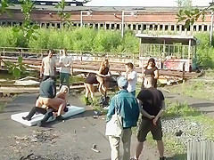 Blonde slut dp banged outdoor in group