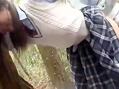Blonde teen 18+ In School Uniform Plays With Two Dicks Outdoor