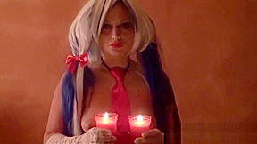 Blue hair girl is caned and fucked with cumshot on her tits