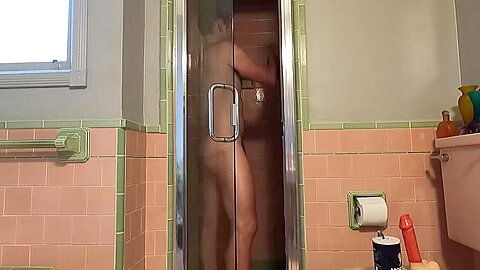 Boy Douching In The Shower And Using Big Dildo