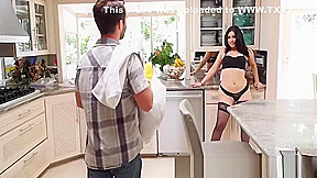 Brunette skank Demi Lowe fucks with her help in the kitchen