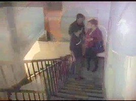 Busty Russian MILF owned by two neighbors on the stairs
