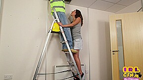 CFNM amateur teen 18+ sucks and jerks repairman on ladder