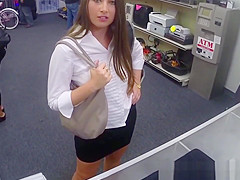 Facialed pawnshop milf fingered on desk