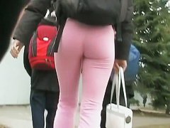 Fitty in tight pink pants walking from the gym street candid ass