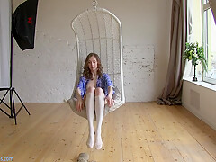 Flexible Beauty Ballerina Playfully Poses For Me In A Hanging Chair, Moving Her Long Legs Wide 1 Of 6