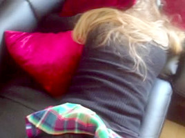 French girl lying down on couch gets a messy cumshot