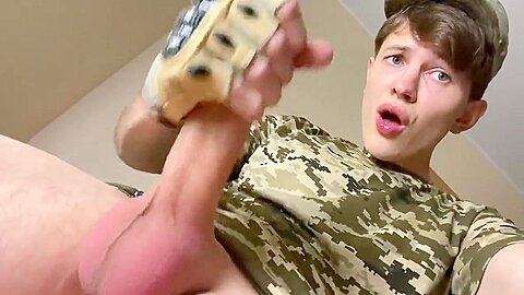 Gay Boy In Straight Military Jock Jerking His Big Dick (23 Cm)