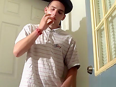 Homosexual thug smokes and plays with a penis pump solo