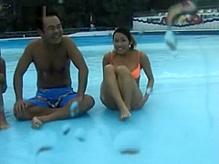 Hot girls Mai Sakurai and Rara Motofuji in bikini playing at the pool