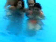 Hot girls Mai Sakurai and Rara Motofuji in bikini playing at the pool
