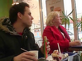 Huge granny swallows his horny cock