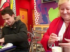 Huge granny swallows his horny cock