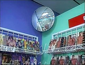 Lascivious golden-haired playgirl sucks a giant jock in the porn store, acquires cum in her throat