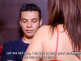 Man watches how Nicky Ferrari rides dick and throats of cum