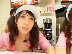 Mesmerized Japanese fast food workers get fucked doggy style in public