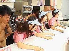 Mesmerized Japanese fast food workers get fucked doggy style in public