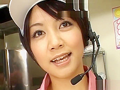 Mesmerized Japanese fast food workers get fucked doggy style in public