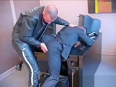 Motor Bike Courier in Leathers has his way with Suited Businessman