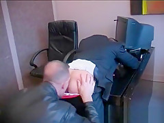 Motor Bike Courier in Leathers has his way with Suited Businessman