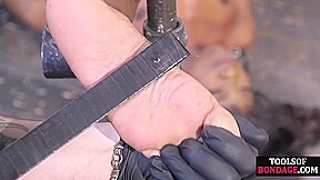 Poor BDSM Ebony babe feet whipped by rough CMNF master