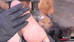 Poor BDSM Ebony babe feet whipped by rough CMNF master