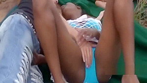 Sexy black babe blowing dick outdoors