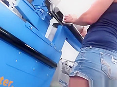 Sexy blonde milf in tight jeans shorts