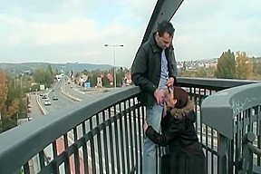 Sexy redhead chick sucks cock on the road