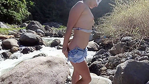 Sexy teen 18+ girl playing with pussy in mountain Public masturbation