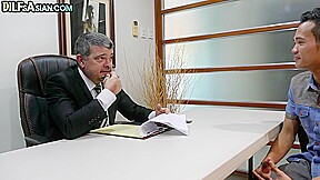 Skinny Asian twink barebacked by businessman DILF in office