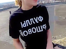 Skinny Russian fucked on the roof of a residential building in public porn