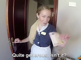 Slutty maid is sucking dick in a hotel room, because she expects to get tips for that