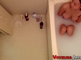 Spied On Japanese teen 18+ Babe Bathes And Fingers Hairy Pussy