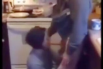 Step dad fuck his daugther in kitchen while Step mom is gone