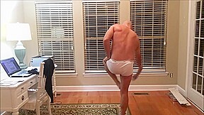 Straight stud in tighty whities stretches and releases pent up load