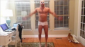 Straight stud in tighty whities stretches and releases pent up load