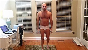 Straight stud in tighty whities stretches and releases pent up load