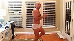 Straight stud in tighty whities stretches and releases pent up load