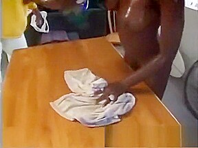 Striking chocolate beauty with big boobs takes a black pole up her ass