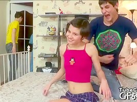 Sweet beauty playing with hunks
