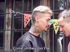Tattooed latino rides cock bareback and tugs
