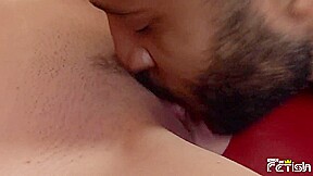 Tattooed skinny babe gets her tight cunt pounded by a black guy on the sofa