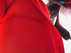 Throat-watering view up red mini costume